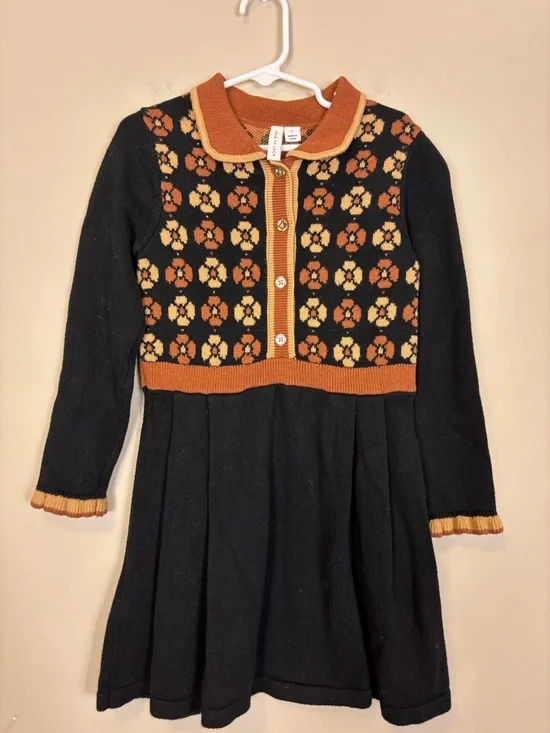 Janie and Jack Black Collared Long Sleeve Dress with Rust and Cream Floral Yoke - Picture 3 of 6